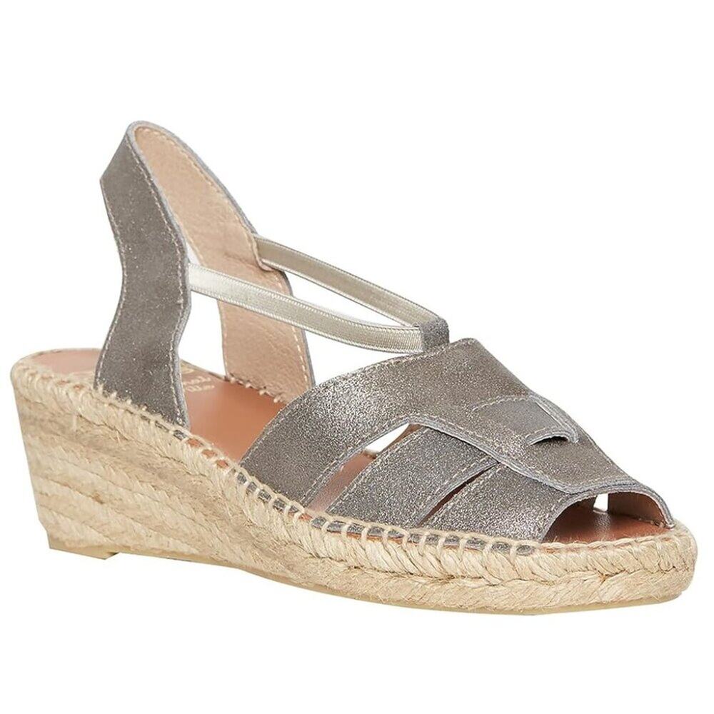 Mint Andre Assous Wedge Sandals Espadrille Silver Metallic Leather Womens 8